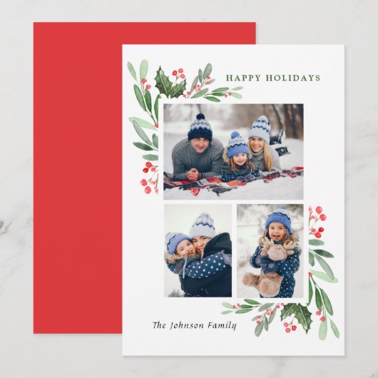 水彩ミストレトーホリーベリークリスマス3 PHOTO シーズンカード (正面/裏面)