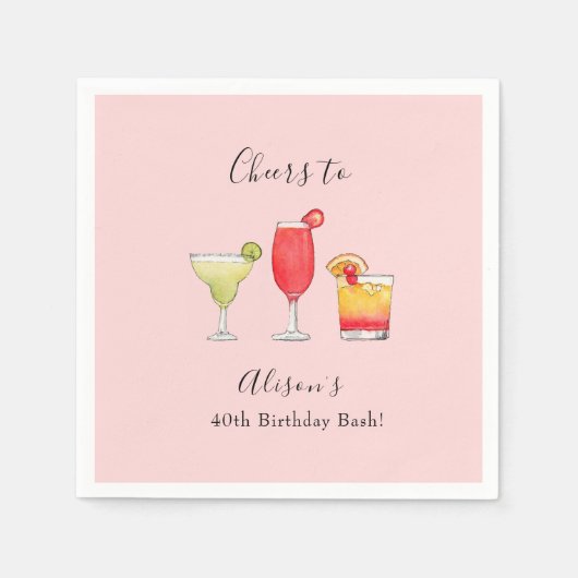 水彩ミックスドリンク誕生日パーティーへの招待 スタンダードカクテルナプキン (正面)