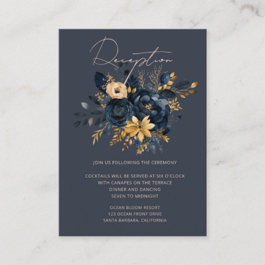 水彩ミッドナイトブルー金ゴールドフローラ披露宴 エンクロージャーカード (正面)