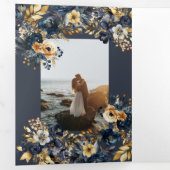 水彩ミッドナイトブルー金ゴールドフローラ 三つ折り招待状 (内部最初)