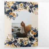 水彩ミッドナイトブルー金ゴールドフローラ 三つ折り招待状 (内部最初)