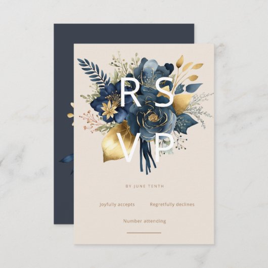 水彩ミッドナイトブルー金ゴールドフローラrsvpカード 出欠カード (正面/裏面)