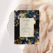 水彩ミッドナイトブルー金ゴールド結婚フローラ 箔招待状