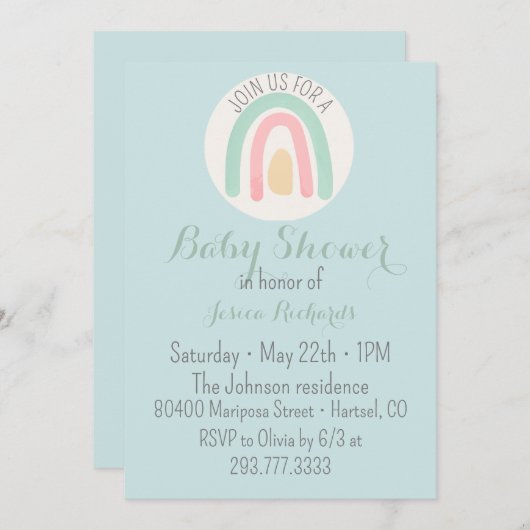 水彩ミニブルーレインボーベビーシャワー 招待状 (正面/裏面)