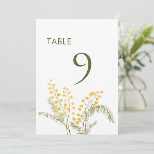水彩ミモサ結婚花の表番号 案内状 (スタンド正面)