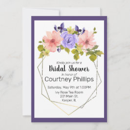 水彩ミュートされたフラワージオメトリック金ゴールド枠 招待状