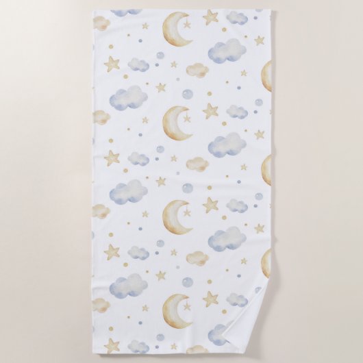 水彩ムーンスターズ&クラウドパターン ビーチタオル (正面)