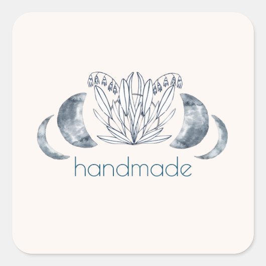 水彩ムーンフェイズ&ボタニカルアートブルーグレー スクエアシール (正面)