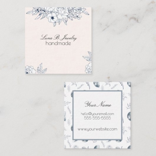 水彩ムーン&植物アートブルーグレー スクエア名刺 (正面/裏面)