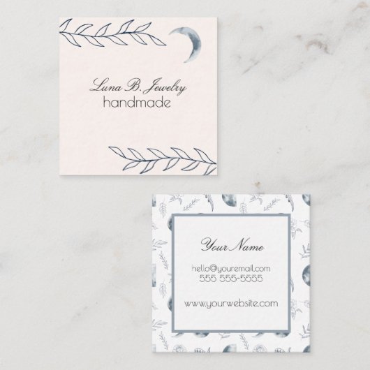 水彩ムーン&植物アートブルーグレー スクエア名刺 (正面/裏面)