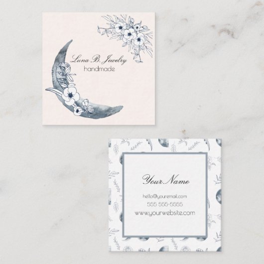 水彩ムーン&植物アートブルーグレー スクエア名刺 (正面/裏面)