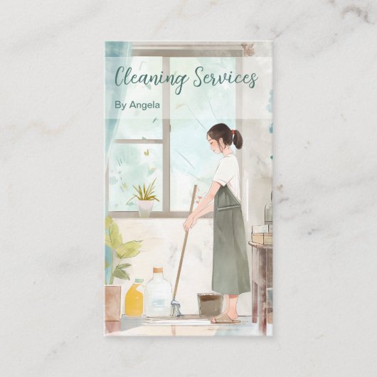 水彩メイド図解入りの、写真付きの清掃サービス 名刺 (正面)