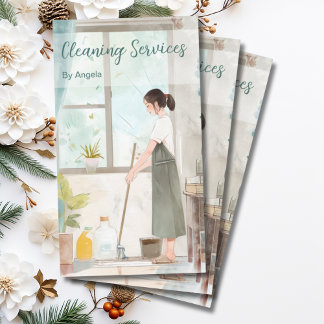 水彩メイド図解入りの、写真付きの清掃サービス 名刺
