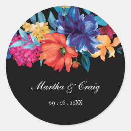 水彩メキシカンフィエスタフラワーウェディングブラック ラウンドシール