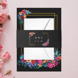 水彩メキシカンフィエスタフラワーブラック結婚ズ 招待状ベリーバンド