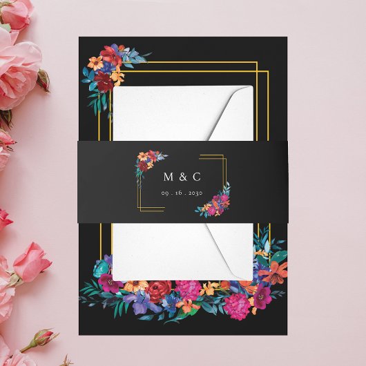 水彩メキシカンフィエスタフラワーブラック結婚ズ 招待状ベリーバンド