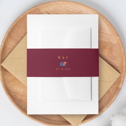 水彩メキシカンフェスタ花結婚のバーガンディ 招待状ベリーバンド