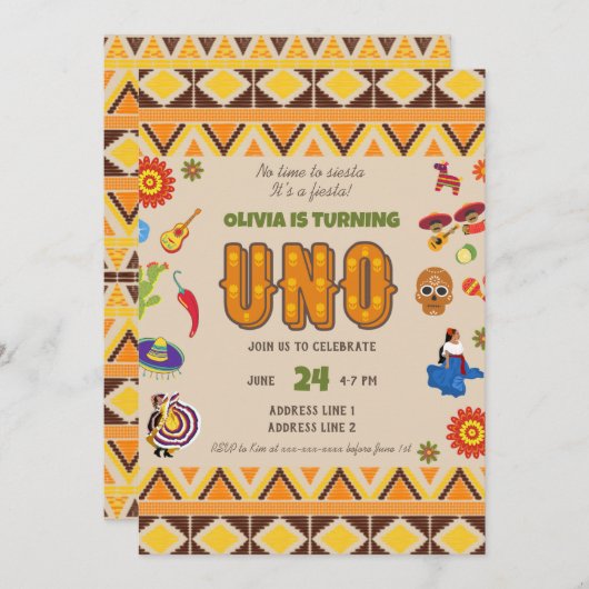 水彩メキシコテーマ最初の誕生日 招待状 (正面/裏面)