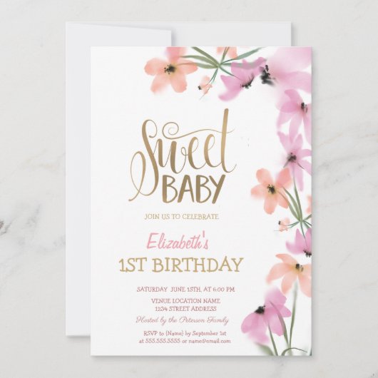 水彩メドウピンクボホフラワーズ誕生日 招待状 (正面)