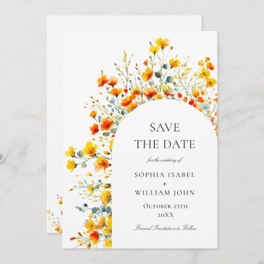 水彩メドウワイルドフラワー結婚のQRコード セーブザデート (正面/裏面)