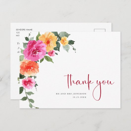 水彩メドウ明るいピンクの花ありがとう ポストカード (正面/裏面)