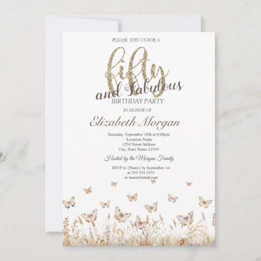 水彩メドーバタフライ50誕生日 招待状 (正面)