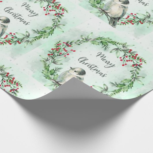 水彩メリークリスマスグレージェイスバードリース ラッピングペーパー (角)