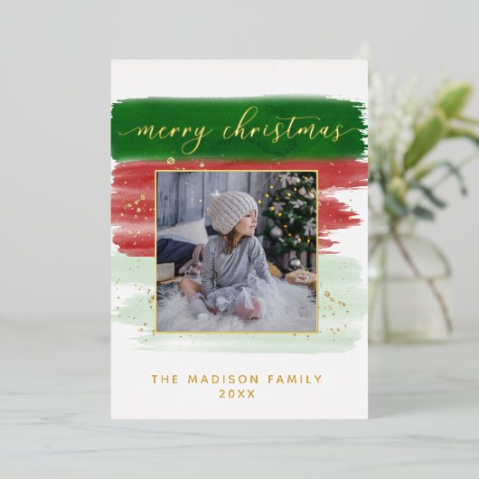 水彩メリークリスマスゴールドフォイルフォトカード 箔シーズンカード (立ち正面)