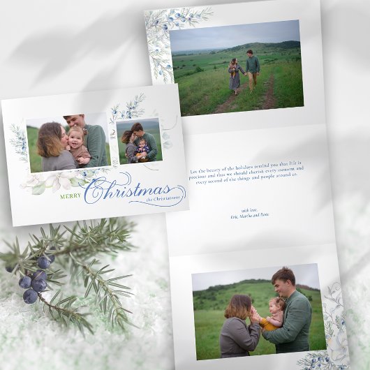 水彩メリークリスマススクリプトジュニパーフォト 三つ折りクリスマスカード