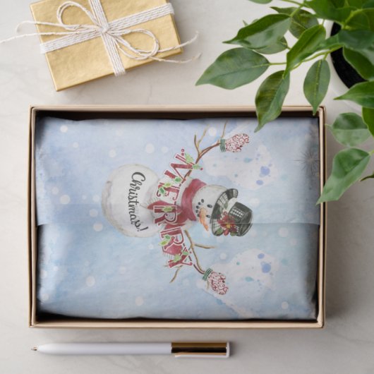 水彩メリークリスマスタイポグラフィかわいい雪だるま 薄葉紙 (ギフト)