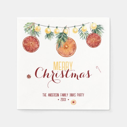水彩メリークリスマスフェスティバルライト&パイン スタンダードカクテルナプキン (正面)