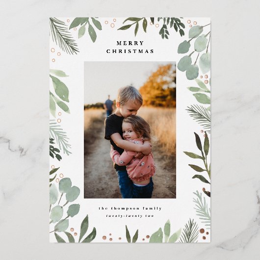 水彩メリークリスマスフォトカード実在ホイルー 箔招待状 (正面)