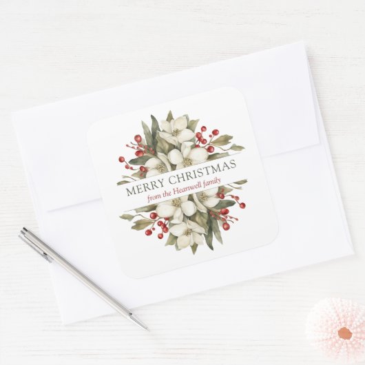 水彩メリークリスマスフローラマグノリアベリー スクエアシール (封筒)