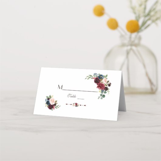 水彩メルロネイビーブルーフローラテーブル番号 プレイスカード (正面)