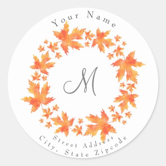水彩メープル葉リース ラウンドシール (正面)