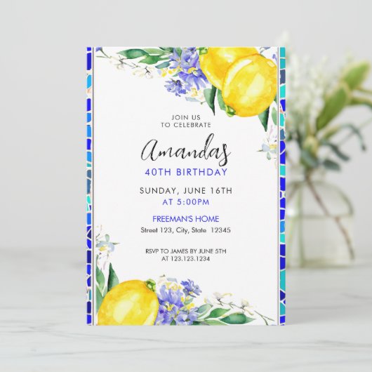 水彩モザイクとレモンシック40th誕生日 招待状 (スタンド正面)