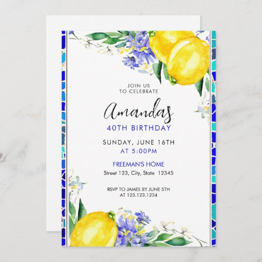 水彩モザイクとレモンシック40th誕生日 招待状 (正面/裏面)