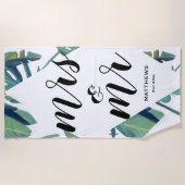 水彩モダントロピカル Mrs & Mr サマー ホリデー ビーチタオル (正面)