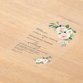 水彩モダンピンク白い花アーチ結婚型 アクリル招待状 (レイダウン)