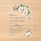 水彩モダンピンク白い花アーチ結婚型 アクリル招待状 (正面)