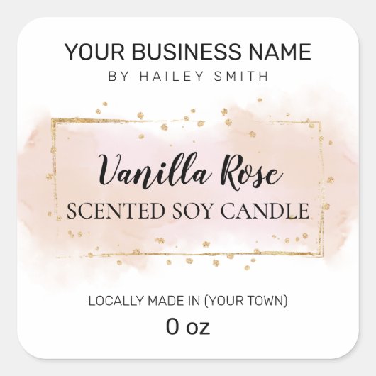 水彩モダンピンク白の香り付き大豆キャンドルSq スクエアシール (正面)