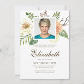 水彩モダンフローラ写真お祝いオブライフ 招待状 (正面)