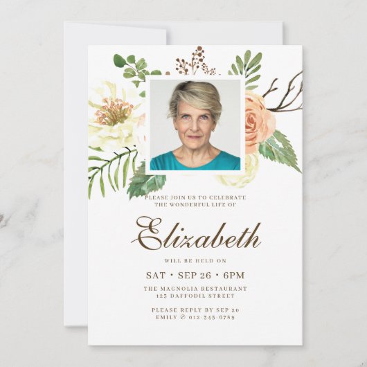 水彩モダンフローラ写真お祝いオブライフ 招待状 (正面)