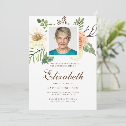 水彩モダンフローラ写真お祝いオブライフ 招待状 (スタンド正面)