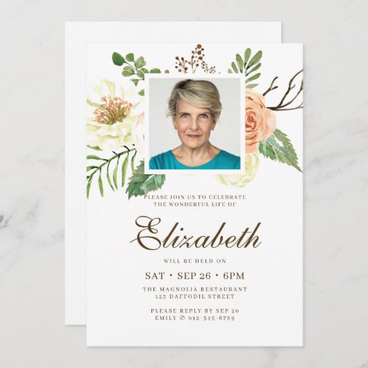 水彩モダンフローラ写真お祝いオブライフ 招待状 (正面/裏面)