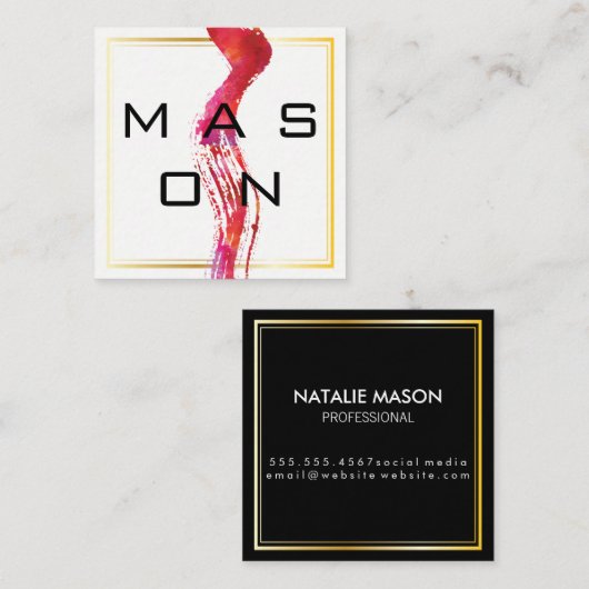 水彩モダンブラシ金ゴールド枠 スクエア名刺 (正面/裏面)