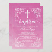 水彩モダン少女洗礼《キリスト教》洗礼式や命名式十字 招待状 (正面/裏面)