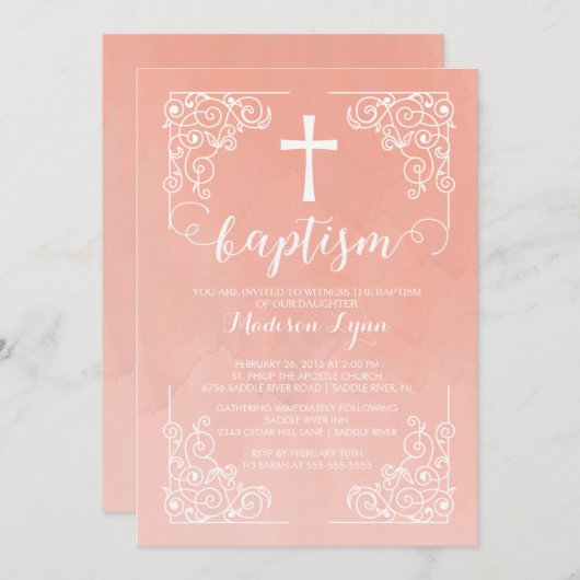 水彩モダン少女洗礼《キリスト教》洗礼式や命名式十字 招待状 (正面/裏面)