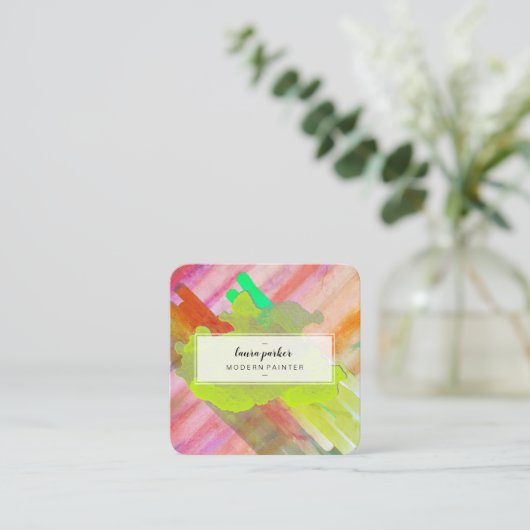 水彩モダン抽象芸術絵を描アーティストストローク スクエア名刺 (スタンド正面)