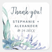 水彩モダン海ビーチ結婚式ありがとう スクエアシール (正面)